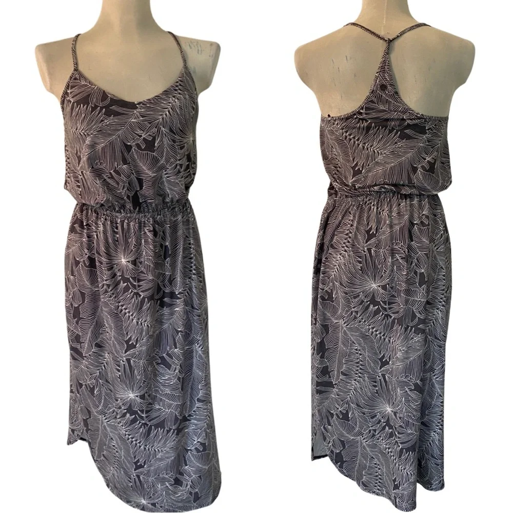 PrAna Gray & White Tropical Leaf Print Racerback Spaghetti Strap Casual Dress - Picture 1 of 9
